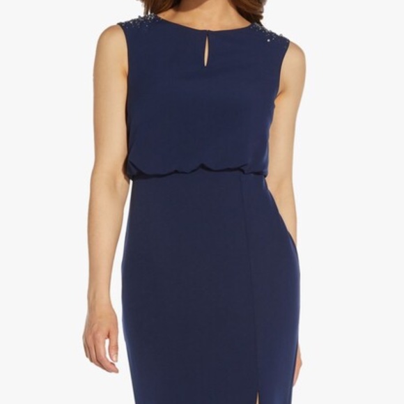 NEW Adrianna Papell NAVY Beaded Shoulder CREPE Blouson EVENING DRESS GOWN 8 - Picture 4 of 11